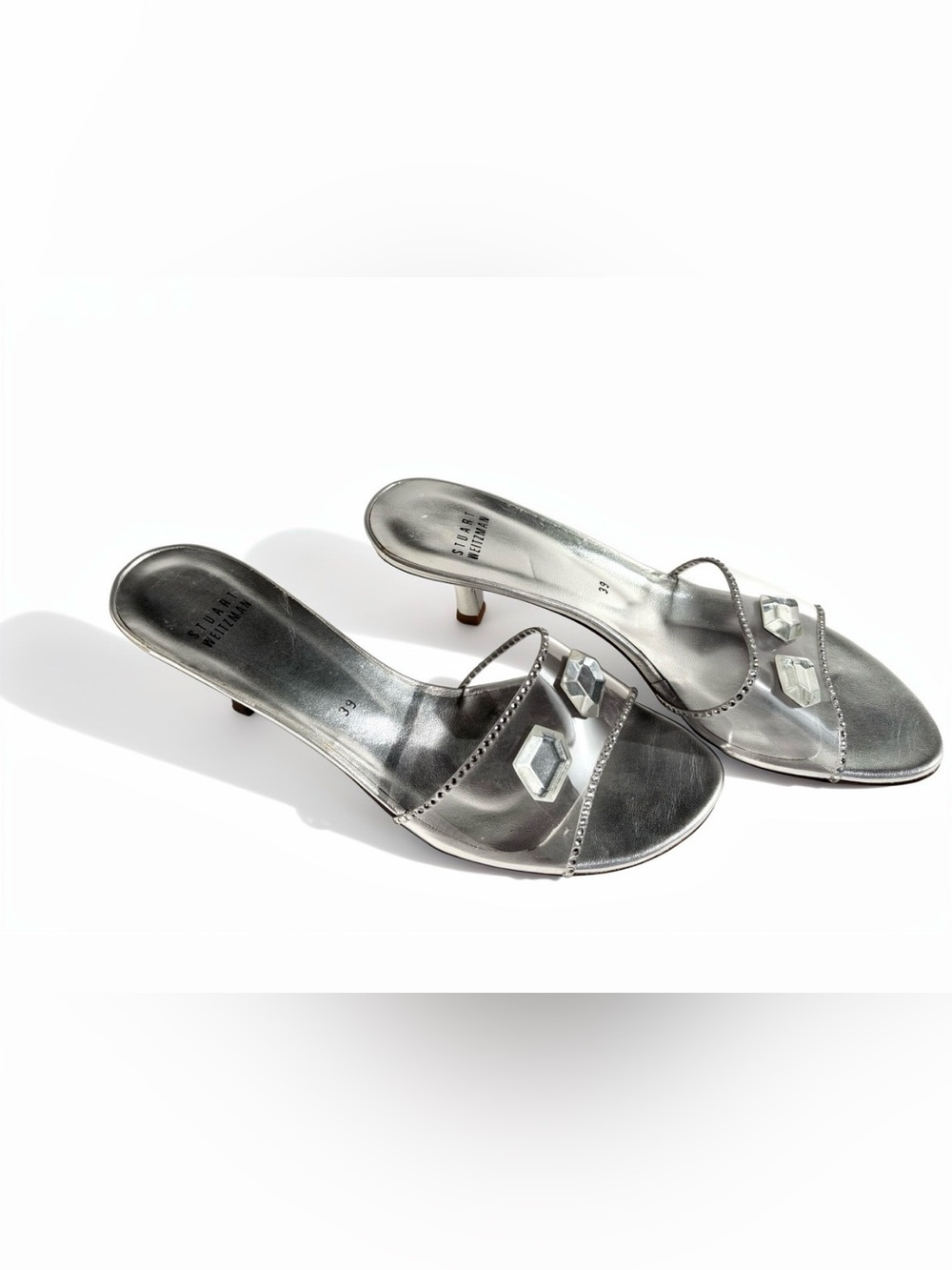 Stuart Weitzman Metallic Silver Rhinestones Clear Slide Sandal 2” heel Sz 39/8.5